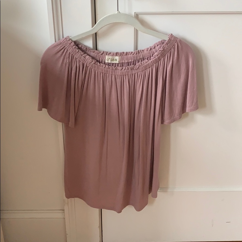 Off the Shoulder lavender shirt.